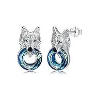 boucles d'oreilles en forme de loup en argent sterling 925 avec cristaux - hypoallergéniques - unisexe - pour homme et femme, argent sterling