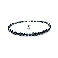 treasurebay parure de bijoux pour femme avec collier et boucles d'oreilles à tige en perles d'eau douce noires, qualité aa 8-9 mm, 19in/48cm, perle, perle