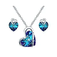 yumilok collier et boucles d'oreilles en cristal pour femme fille, bijoux parures en argent 925, collier cœur cristal bleu, clous d'oreilles cœur cristal bleu, zircon incrusté