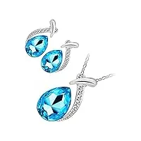 gwg jewellery parure, collier à pendentif et boucles d'oreilles plaqués en argent sterling original de goute d'eau en cristal bleu turquoise sous un anneau pavé de pierre