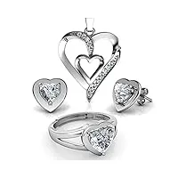 dephini - parure de bijoux - collier en forme de cœur, boucles d'oreilles et bague - argent sterling 925 - oxyde de zirconium - bijoux pour femme, argent sterling, zircone cubique
