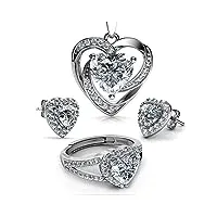 dephini - parure de bijoux pour femme - luxueuse chaîne en forme de cœur, boucles d'oreilles et bague - argent sterling 925 - oxyde de zirconium, argent sterling, zircone cubique