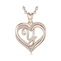 infuseu y pendentif, double coeur initiale collier personnalisé or rose lettre a-z bijoux cubic zirconia cz cadeaux romantiques pour dame femme maman