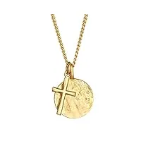 kuzzoi collier pour homme en argent sterling 925 avec pendentif rond (15 mm) et croix (10 mm), chaîne avec plaquettes structurées, longueur env. 60 cm, or
