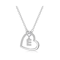 lihelei collier pour femme, 26 lettres majuscule zircon argent s925 collier coeur pour les femmes fille dame anniversaire cadeau de noël - e