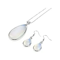 parure de bijoux assortie pour femme – collier avec pendentif et boucles d'oreilles pendantes – avec boîte cadeau, pierre précieuse, quartz opale blanche