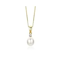 orovi bijoux femme, or jaune 14 carats 585, collier perle intemporel, pendentif perle d’eau douce blanche 7 mm et pierre de zircon, chaîne gourmette de 45 cm
