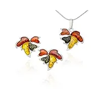 ambedora ensemble de bijoux pour femmes feuilles fantaisie, argent sterling poli, ambre baltique coloré, pendentif en argent sur chaîne et boucles d'oreilles
