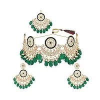 efulgenz collier ras du cou indien traditionnel avec perles en cristal kundan vert et boucles d'oreilles chandbali avec maang tikka bollywood pour femme, cuivre