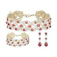 paxuan parure de bijoux pour femme avec collier ras du cou, boucles d'oreilles, bracelet et strass, laiton, grenat, strass, rubis