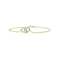 orovi bijoux pour femmes bracelet en or jaune 2 cœurs bicolores et 2 diamants brillants 0,02 ct chaîne d’ancre en or 9 carats (375), 18 cm de long