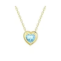 fancime collier femme avec pendentif cœur en or jaune 14 carats 585, d'amour minimaliste de base cadeau bijoux aigue-marine synthétique pour femme filles - chaîne ajustable: 40 + 5 cm