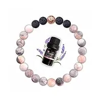 bracelet en pierre de lave et jaspe zébré rose avec huile essentielle de lavande, bracelet pierre naturelle lithotherapie, bracelet chakra diffuseur d’huiles essentielles, bracelet yoga de méditation
