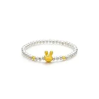 zhou liu fu bracelets en or massif 24k pour femmes, bracelets à breloques extensibles en or véritable lapin en perles d'eau douce, bracelet lapin en or pur et perles blanches