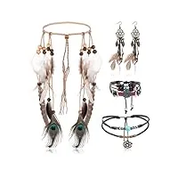 lolias 4 pièces coiffe indienne ensemble collier cuir boucles d'oreilles plumes pour femmes bracelet fait main vintage boho hippie tribal thème fête carnaval bijoux