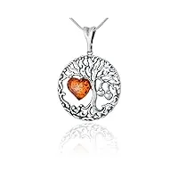ambedora collier pour femmes en argent sterling oxydé, cœur en ambre baltique, pendentif arbre de vie celtique avec cœur en ambre sur chaîne