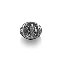 bysilverstone jewelry – chevalière carrée poséidon avec trident, dieu grec antique de la mer, bagues en argent sterling pour homme, bagues roses pour femme, grosse bague de motard