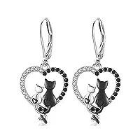 boucles d'oreilles chat argent sterling 925 boucles d'oreilles pendantes femme avec boucles d'oreilles chat en zircon amour cœur, cadeaux pour femmes filles