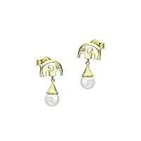 amdxd boucles d'oreilles en or 750 pour femme - en forme de cœur et éléphant - avec perle ronde - en or 18 carats - pour femme - oxyde de zirconium, or jaune 18 carats, perle