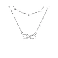 hifeeled collier infini femme argent sterling 925 pendentif avec coeur zirconiumet et double chaîne réglable |45cm+5|originaux pour femmes filles