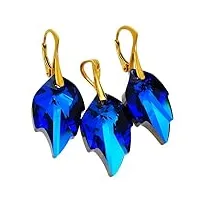 arande cristaux originaux beau ensemble unique de boucles d'oreilles pendentif feuille bleue plaqué argent 24k certificat d'or