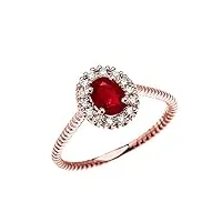 bague de fiançailles pour femme en or rose 9 carat avec un délicat halo de diamant et un motif de corde solitaire rubis ovale