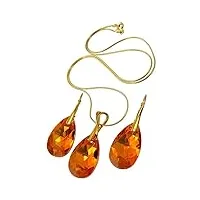 arande cristaux originaux beau ensemble unique de boucles d'oreilles pendentifs avec chaînes – argent opaque avec certificat d'or 24 carats