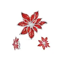 grande déclaration fleur fête de vacances blanc rouge Émail poinsettia broche clip sur boucles d’oreilles de noël foulard pin bijoux ensemble pour femmes argent plaqué