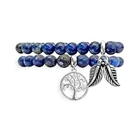 bracelet femme pierre naturelle à facettes arbre de vie, feuilles acier inoxydable. cadeau anniversaire femme bijoux, cadeau anniversaire femme original (femme 2 pcs arbre de vie lapis lazuli – bleu)