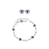 bracelets pour femme plaqué argent sterling 925 - collier et boucles d'oreilles en forme de cœur bleu - collection de bijoux en cristal - bracelet de demoiselle d'honneur - cadeau d'anniversaire pou