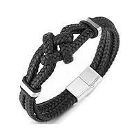 coolsteelandbeyond noir tressé cuir bracelet - noeud nautique marin - hommes envelopper bracelets - acier inoxydable fermoir