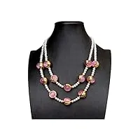 axhnguqb colliers pour femme 2 rangs blanc perle rose oeil de chat plaqué or collier multi brins bijoux 18 pouces