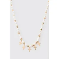 pearl bead necklace with cross charms in gold homme - or - one size, or