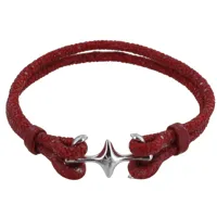 bracelet mixte en argent rhodié double ancre et cuir - 20cm - rouge
