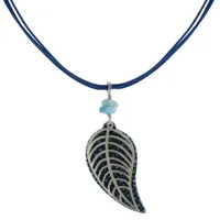 collier cordon en cuir feuilles de cuir et argent pépites de larimar - bleu navy