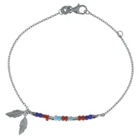 bracelet argent rhodié petite plume et perles bleu rouge turquoise