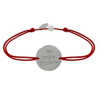bracelet lien médaille plaqué argent ronde "ma petite poulette" - rouge