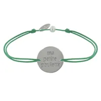bracelet lien médaille plaqué argent ronde "ma petite poulette" - vert