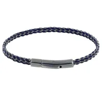 bracelet mixte cuir et acier tréssé plat - bleu navy