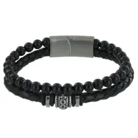 bracelet acier homme cuir noir et perles d'onyx noir - taille 21 cm