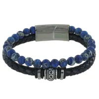 bracelet acier homme cuir noir et perles de jaspe bleu - taille 21 cm