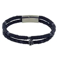 bracelet acier homme cuir noir et anneaux d'onyx noir - taille 19 cm