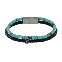 bracelet acier homme cuir noir et anneaux turquoise - taille 19 cm