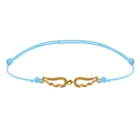 bracelet plaqué or sur lien deux petites ailes d'ange ajourées - bleu ciel