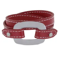 bracelet double tour cuir et maille rectangle plate argent 925 - rouge