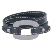 bracelet double tour cuir et maille rectangle plate argent 925 - bleu navy