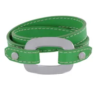 bracelet double tour cuir et maille rectangle plate argent 925 - vert