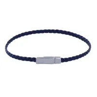 bracelet femme tresse plate en cuir mat femoir aimanté métal argenté - bleu navy
