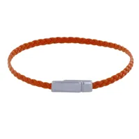 bracelet femme tresse plate en cuir mat femoir aimanté métal argenté - orange