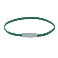 bracelet femme tresse plate en cuir mat femoir aimanté métal argenté - vert